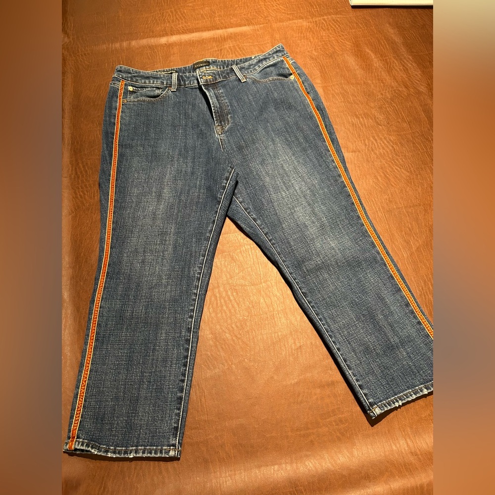 Blue Jeans with brown suede stripe. 18WP.